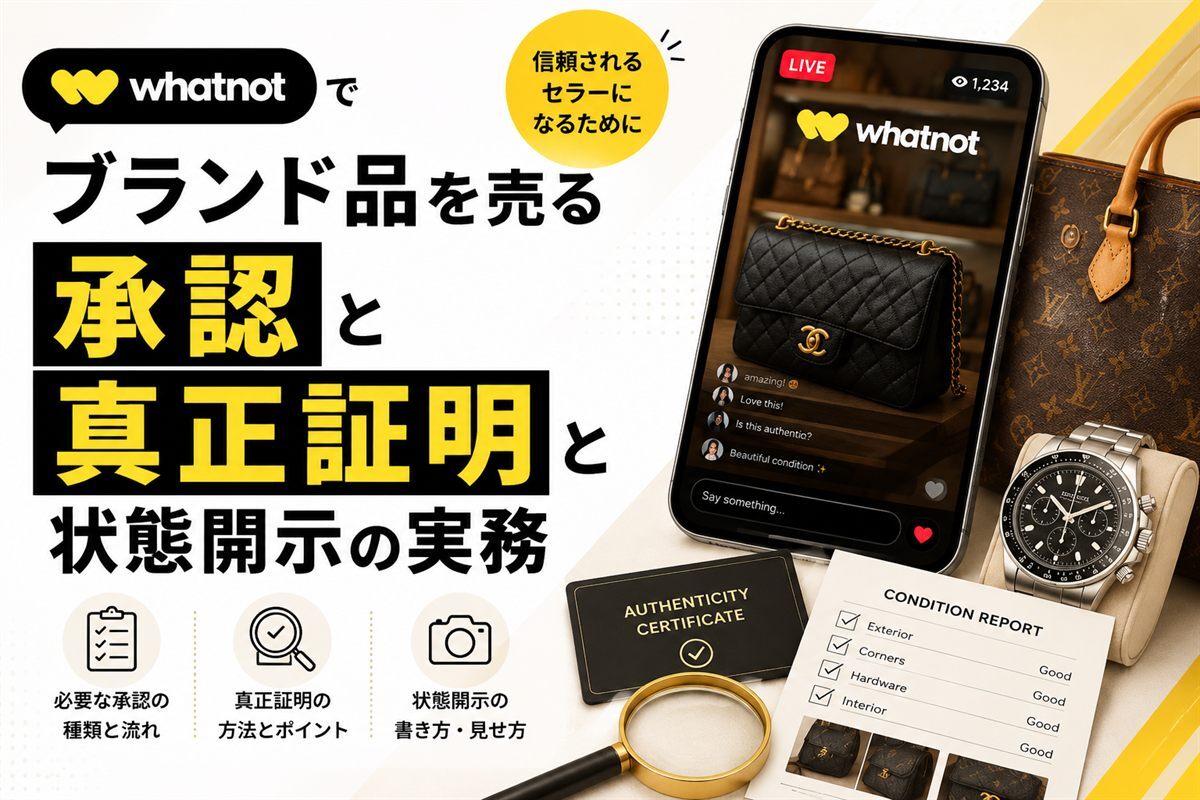 Whatnotでブランド品を売るための承認・真正証明・状態開示をまとめたアイキャッチ画像