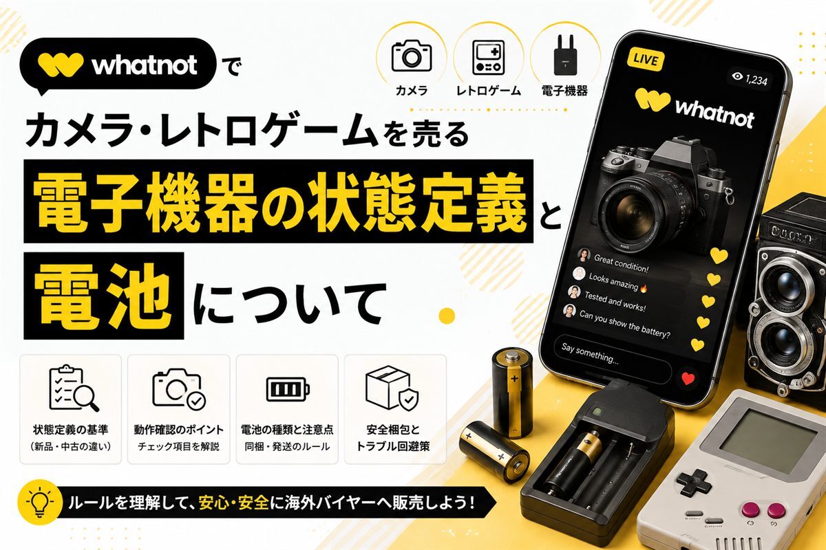 Whatnotでカメラ・レトロゲームを売る際の電子機器の状態定義と電池の扱いをまとめたアイキャッチ画像