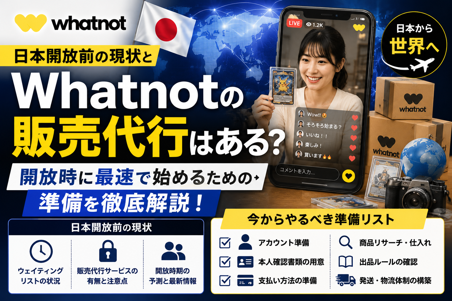 Whatnotの販売代行の有無と、日本開放前の現状および開放時に最速で始めるための準備を解説する記事のアイキャッチ画像