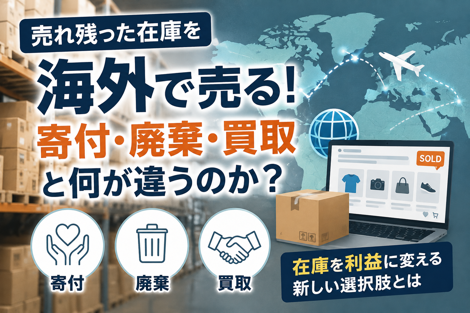倉庫に積まれた売れ残り在庫の段ボールと世界地図・航空便のイメージ。寄付・廃棄・買取の3つのアイコンと、海外販売という選択肢を示した記事のアイキャッチ