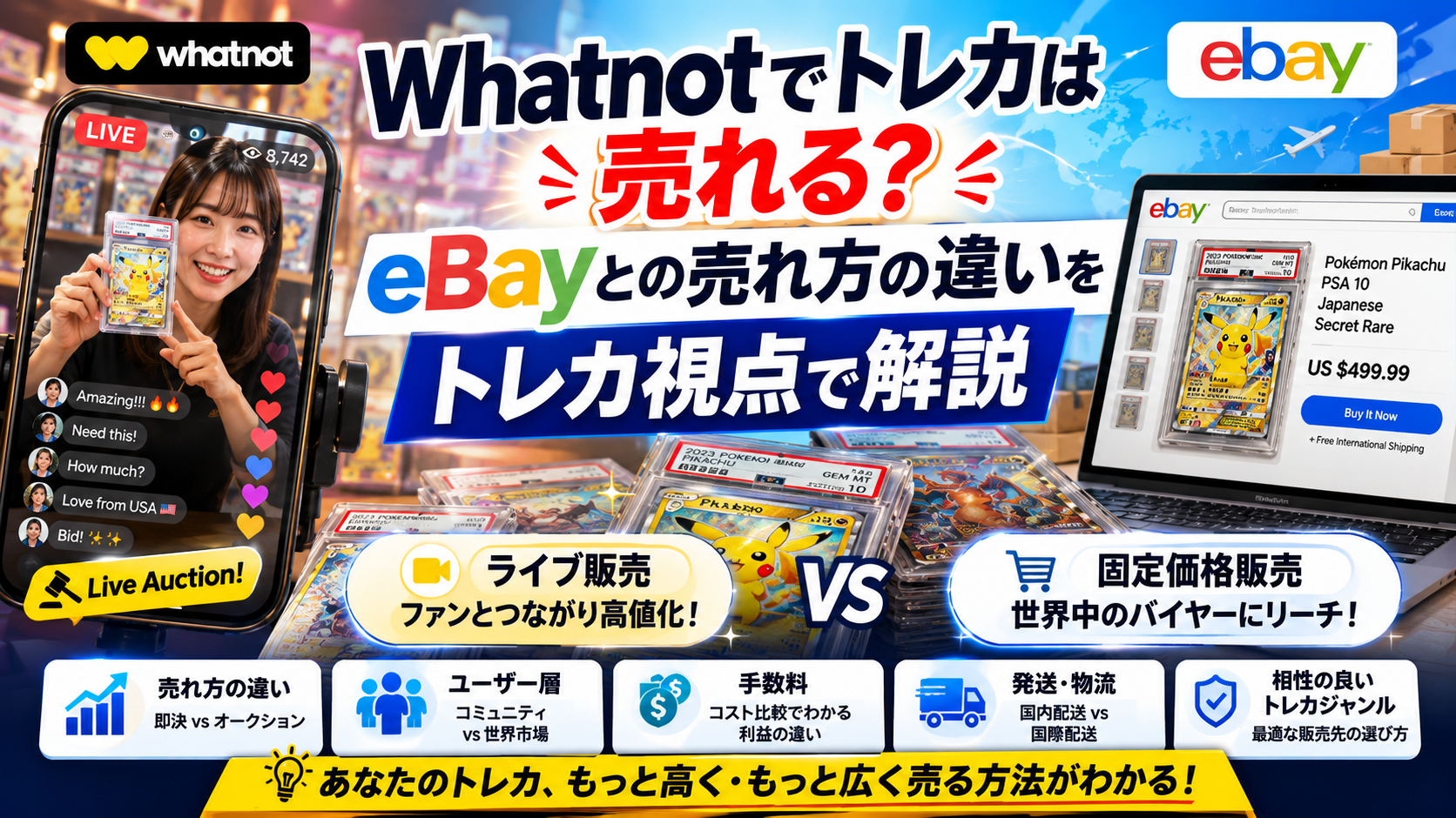 Whatnotでトレーディングカードがどう売れるのかを、eBayとの売れ方の違いという視点で解説する記事のアイキャッチ画像